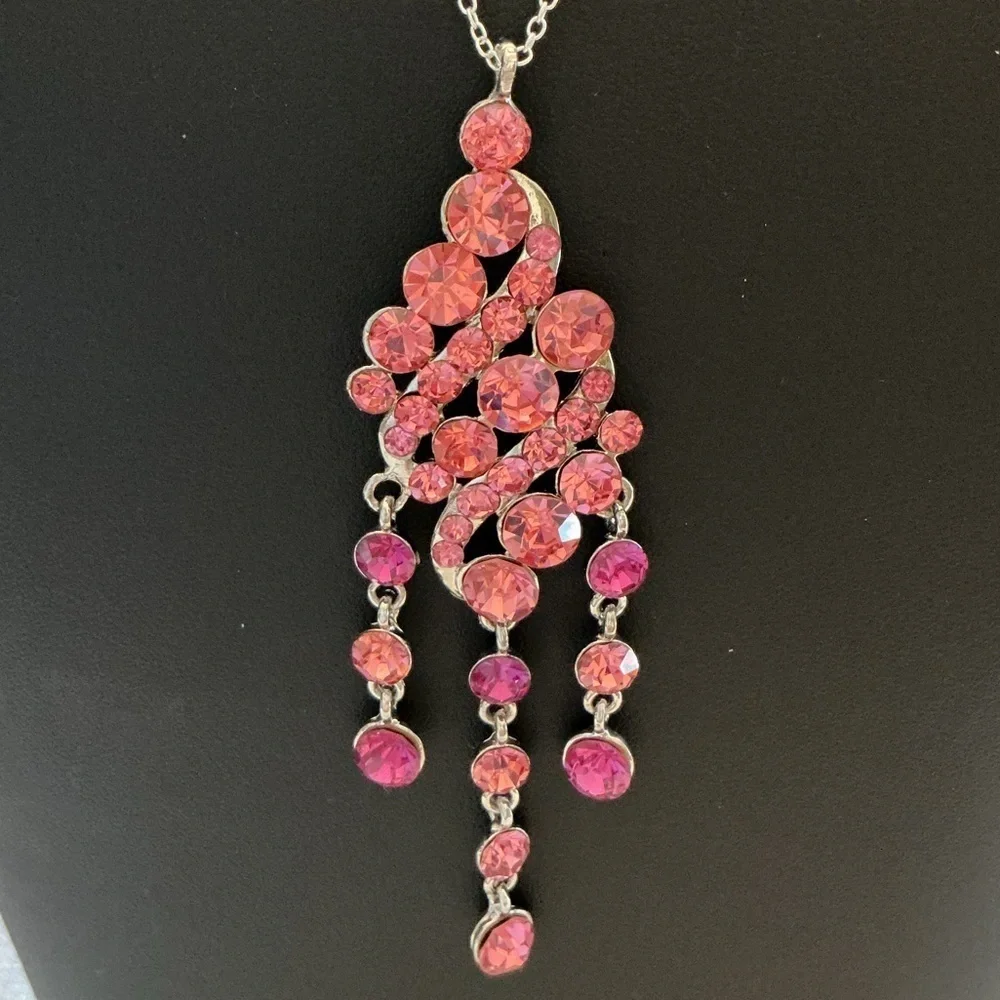 Pink Rhinestone Silver Tone Pendant Necklace and Earring Set